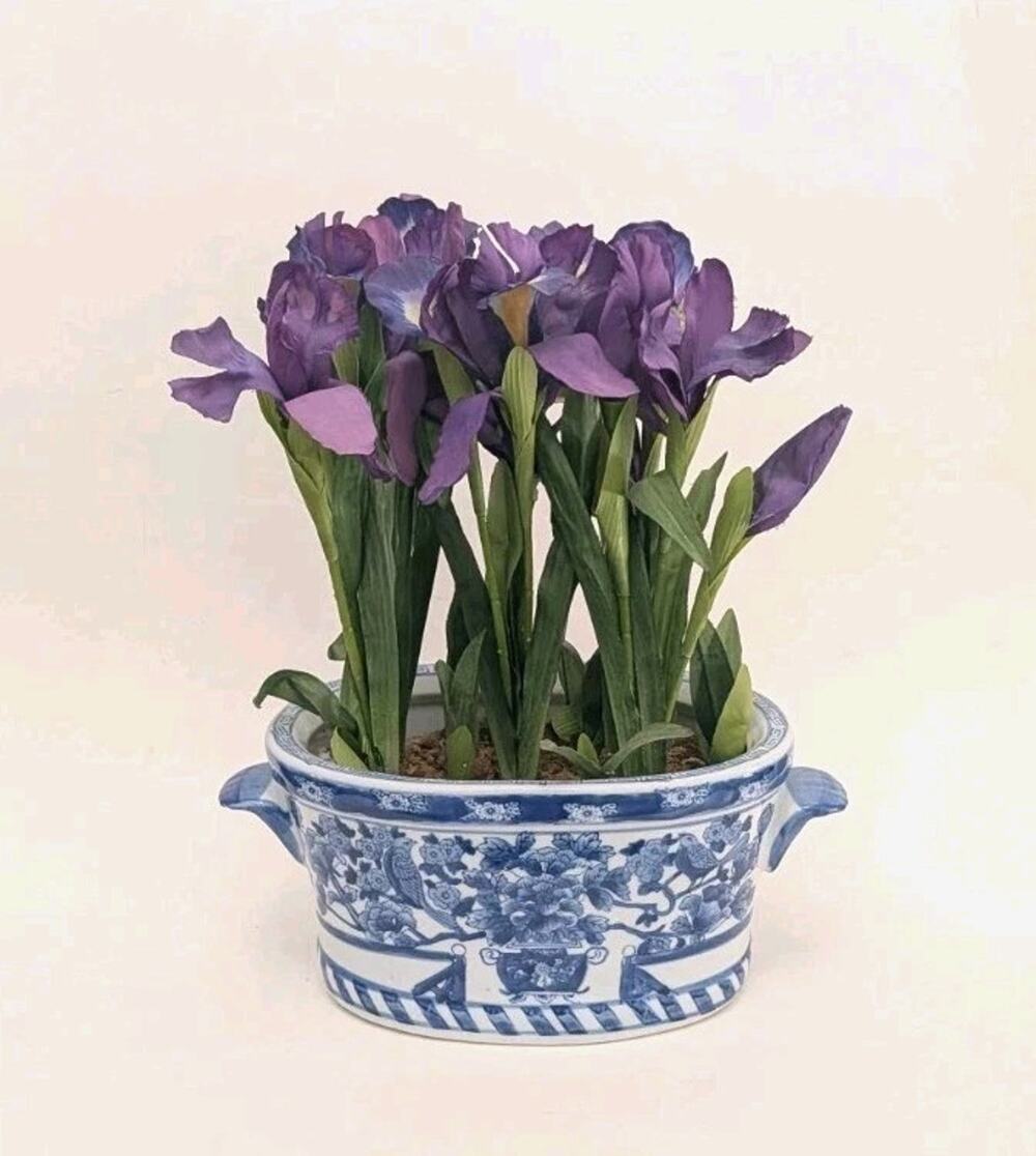 Blue And White Asian Chinoiserie Planter Cache Pot Small Footbath With Irises